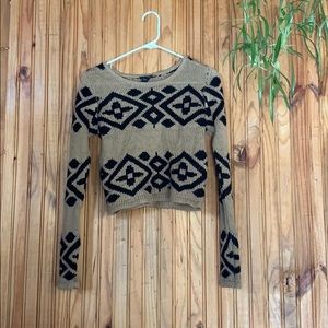 Tan & black geo chevron diamond crop knit sweater